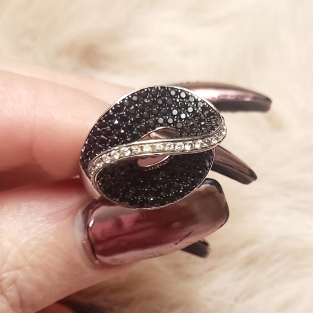 3.02CTW Round Black Spinel & .35CTW Round White Zircon Sterling Silver Ring Sz 8